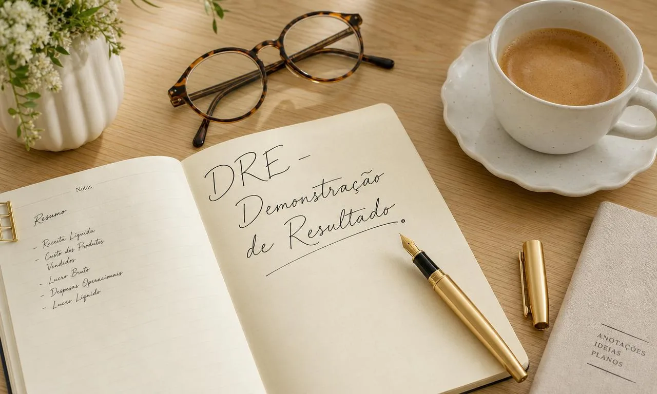 Caderno bege aberto com a inscrição DRE - Demonstração de Resultado, óculos, caneta dourada e xícara de café sobre mesa de madeira clara
