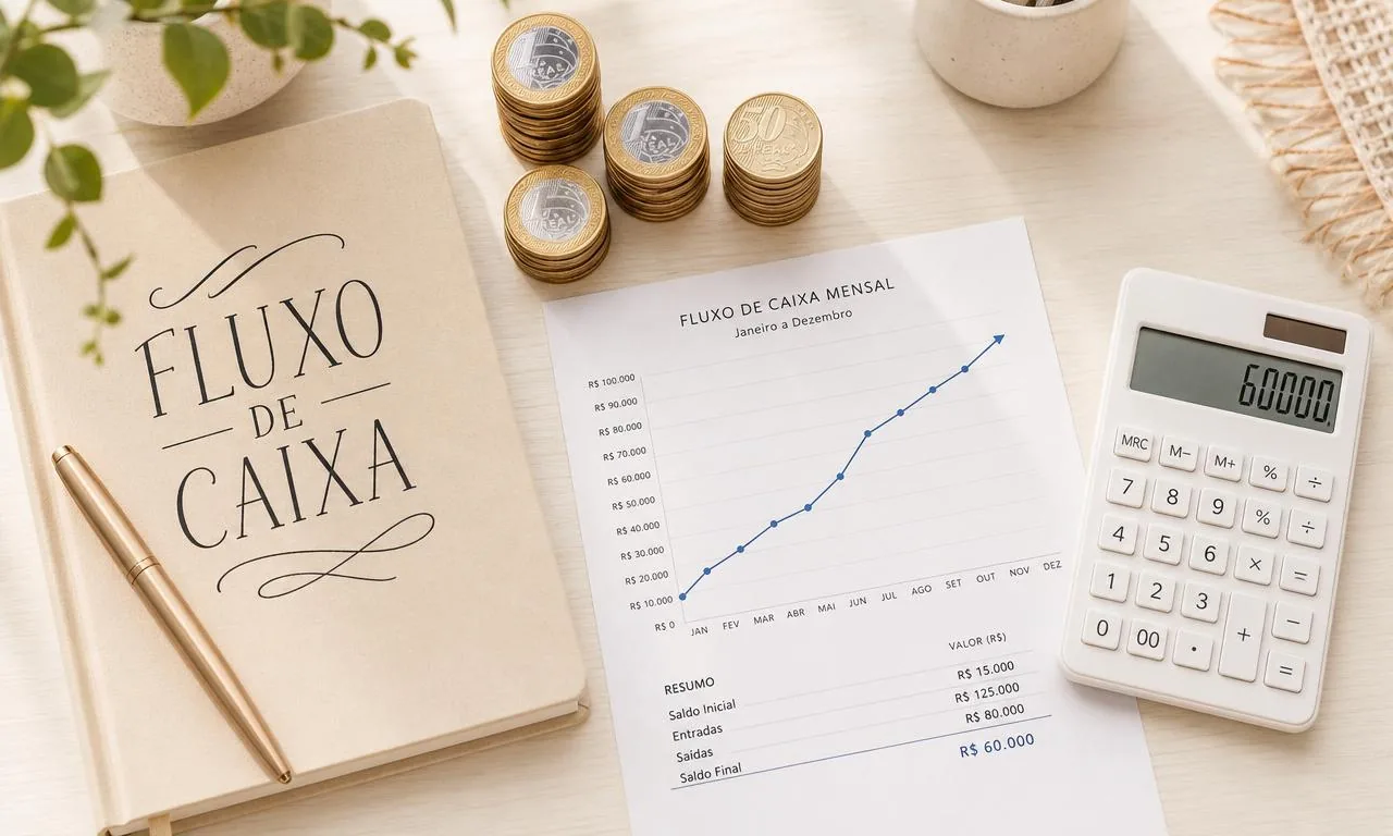 Caderno bege com a inscrição Fluxo de Caixa, moedas de Real empilhadas, gráfico financeiro e calculadora sobre mesa de madeira clara
