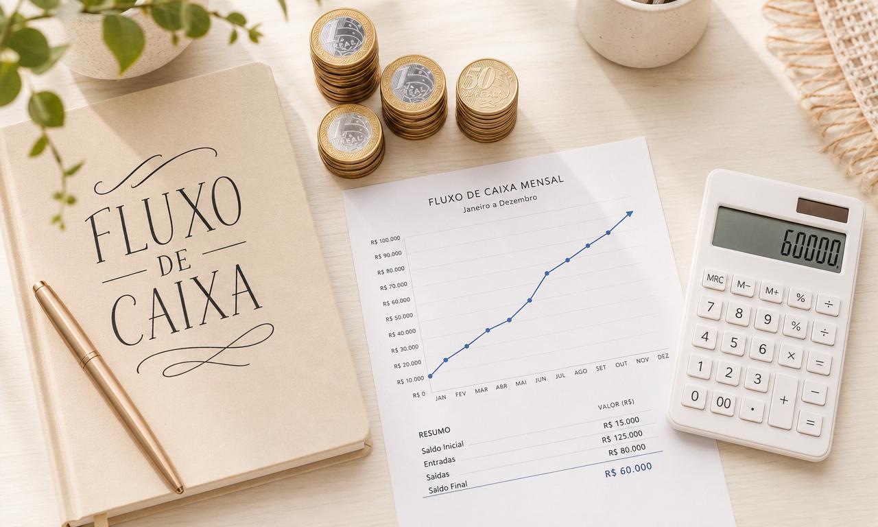 Caderno bege com a inscrição Fluxo de Caixa, moedas de Real empilhadas, gráfico financeiro e calculadora sobre mesa de madeira clara