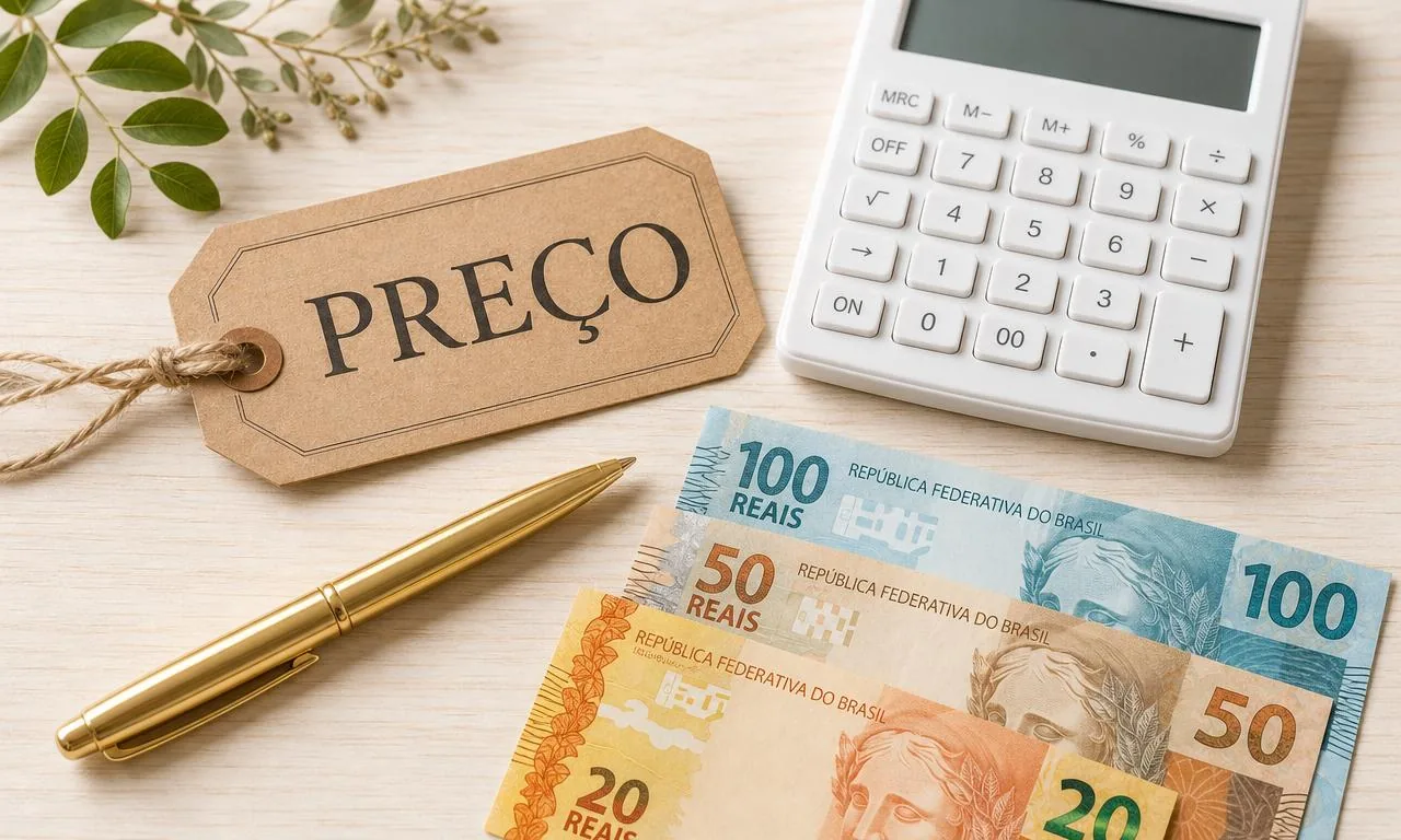 Etiqueta de preço de papel kraft com a palavra PREÇO, calculadora branca, caneta dourada e notas de Real sobre mesa de madeira clara