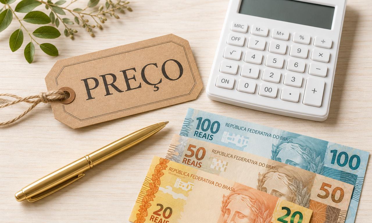 Etiqueta de preço de papel kraft com a palavra PREÇO, calculadora branca, caneta dourada e notas de Real sobre mesa de madeira clara